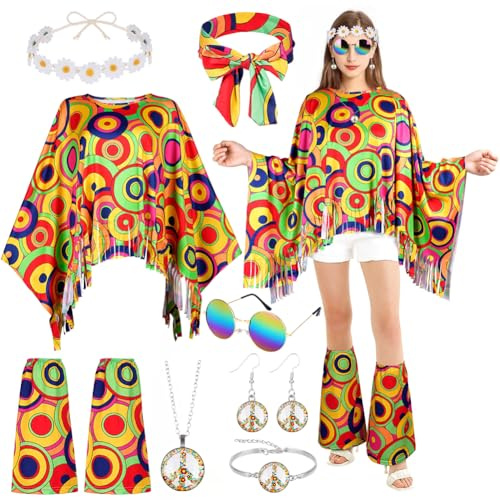 AOOWU Costume Hippie Donna, 10 Pezzi Stile Vintage Anni 60 Anni 70 Hippie Accessori, con Occhiali Fascia per Capelli Anni con Copristivali, Costume Carnevale Halloween