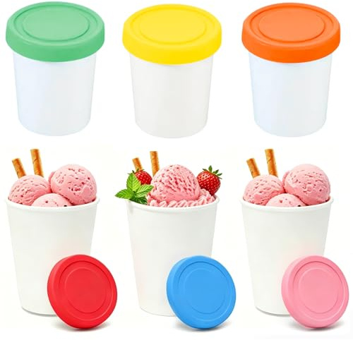 6 Eisbehälter für Speiseeis Ice Cream Containers 250ml Lebensmittelqualität | Ice Cream mit Silikondeckeln Eisbecher mit Deckel Stapelbar Geeignet für Eiscreme, Pudding,Joghurt Auslaufsicherer Verschluss