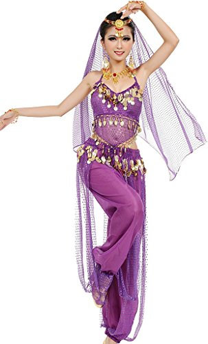 Damen Bauchtanz Kostüme Set Indischer Tanz Darbietungen Kleidung Violett, Violett, Fits DE 32-40