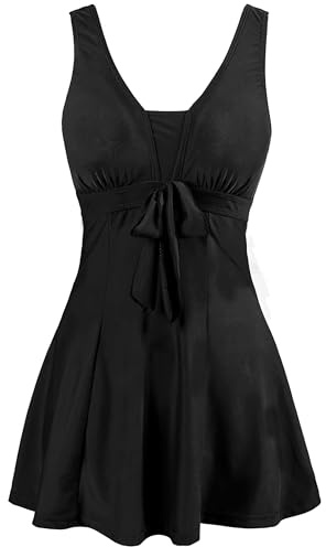 Wantdo Femme Maillots de Bain Une Pièce Robe pour Natation Sportif Impression Élasticité Imprimé Fleur Col en V Taille Plus Cache-Ventre Bretelles Larges Rembourré,Noir(02),EU48/ UK 20