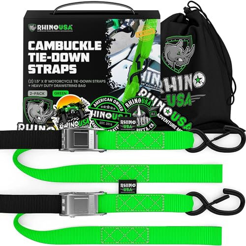 Rhino USA Cinghie a Cricchetto per Moto 1000 kg - Cinghie di Fissaggio a Cricchetto - 2 Pz - Cinghie con Ganci a S con Sicura - Cinghia a Cricchetto - per Viaggio Trasporto Trasloco - Verde
