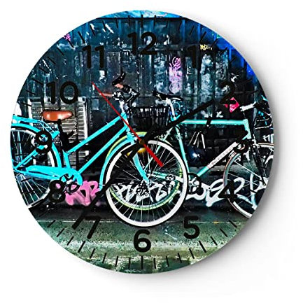 Modern Wanduhr Fahrräder Graffiti Straße Wand 30x30cm Rund Klein Wand Uhr Glas Analog Zimmeruhren Küche Büro Wohnzimmer Glasuhr Wall Clock Dekoration Design Wanddekoration Küchenuhr C4AR30x30-2949