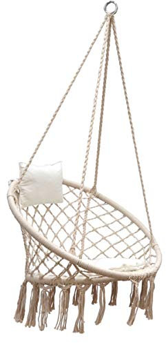 AMANKA Makramee Hängesessel mit Kissen 80cm Korbschaukel bis 120kg Boho Sessel Indoor Outdoor Beige