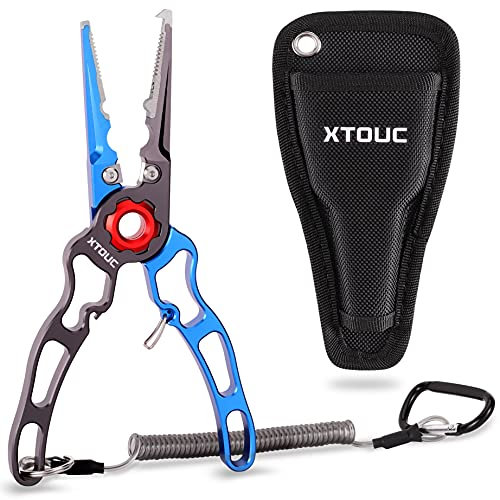 XTOUC Fishing Pliers, Titanium Alloy Clamp Head, Saltwater Resistant, Hook Remover, Braid Line Cutting, Split Ring Pliers, with Sheath and Lanyard (Blue&Gray)