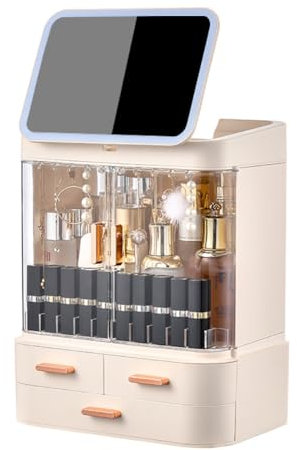 BTGGG Multifunctional Makeup Organizer with Mirror Dustproof Desktop Storage with Drawer Portable Skincare Product Placement Holder Jewellery Display Box CaseI, Cream White