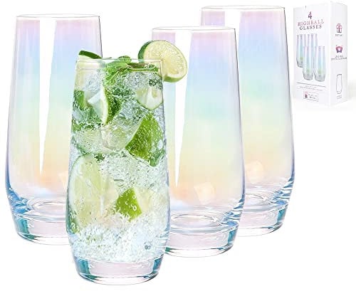 Cyimi Crystal Hiball Glasses 4-Pack - 550ml/18.5oz Iridescent Drinking Glass Tumblers with Heavy Base, Tall Bar Glasses for Cocktails, Beer, Juice & Water (Colorful)