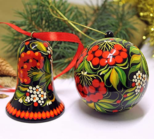 Handbemalter Christbaumschmuck - Glocke 6.5 und Christbaumkugel 7 cm -Weihnachtsschmuck-Set aus Holz, Handbemalte Weihnachtskugel lässt sich öffnen, Ukrainisches Traditionelles Kunsthandwerk