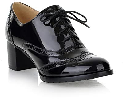 Honger Women's Mid Block Heel Lace-Up Brogues Pumps Vintage PU Leather Oxfords Dress Shoes, Black, 5.5 UK