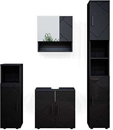 Vicco Badmöbel-Set Irma, Badezimmerschrank-Set, Anthrazit Hochglanz, 4 Teile, mit Hochschrank