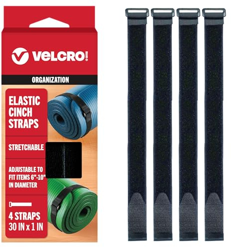 VELCRO Brand Elastic Cinch Straps with Buckle, 30in x 1in, Black, 4 Pack