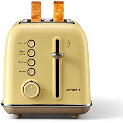 BUYDEEM 2-Slice Retro Toaster, Extra Wide Slots, Stainless Steel with High Lift Lever, Bagel and Muffin Function, Removal Crumb Tray, 7 Toast Shade Settings - Mellow Yellow