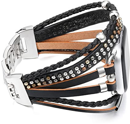 Wingoden Posh Leather Band Compatible with Apple Watch Band Bracelet 38mm 40mm 41mm for Women Men - Wrap Boho Apple Watch Strap for iWatch Band Series 9 8 SE 7 6 5 4 3 2 1 Ultra 2, Black Rivet