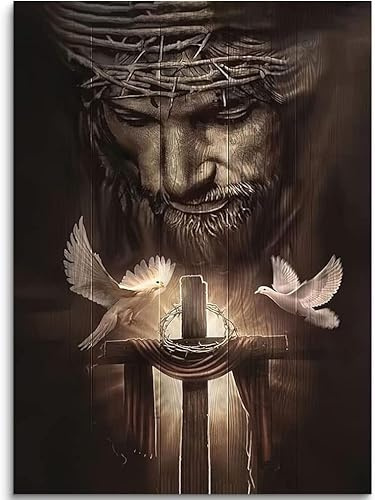 Christlicher Löwe Leinwandbild - Jesus, Kreuz und Friedenstaube - Wanddekoration, Kunstwerk, Poster für Zimmer - Fertig zum Aufhängen - 60 x 90 cm