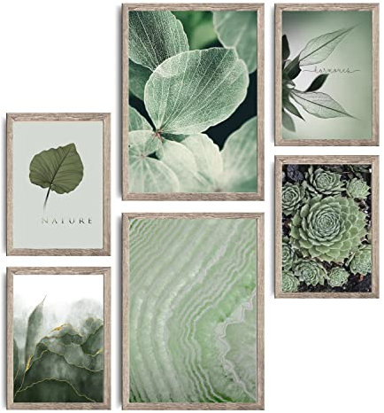 decomonkey | 6er Poster Set mit hellbraunem Rahmen | Natur Pflanzen | 4 x DIN A4 & 2 x DIN A3 | Wohnzimmer Schlafzimmer Wandposter Blider Collage Modern Wanddeko Grün Abstrakt Blätter Text