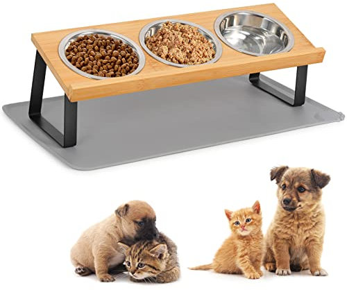 Cinnani Gamelle pour Chien ou Chat,4 hauteurs,300 ML chacune,séparation sèche et Humide,étagère en Bambou,Bol à Nourriture sèche,Bol à Nourriture Humide,Bol à Eau,avec napperon