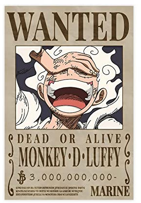 FISH DRAGATE Anime Straw Hat Pirates Bounty Poster Monkey D. Luffy Wanted Poster Gear 5 Nika Type Canvas Poster Bedroom Decor Sports Landscape Office Room Decor Gift Unframe-style 24x36inch(60x90cm)