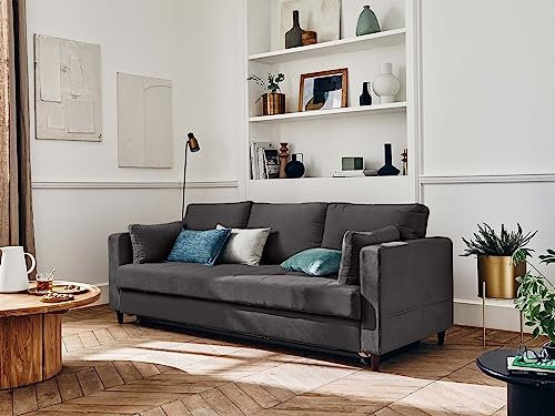 Lisa Design Anna – 3-Sitzer Sofa – mit Schlaffunktion und Tasche – aus Samt Dunkelgrau