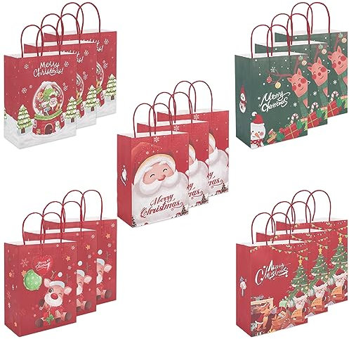 15 pcs Christmas Paper Bags, Cloudgree 210x270x110mm Large Kraft Paper Gift Bags Party Bags Shopping Bags with Handles for Christmas Party Favor Supplies 5 Styles