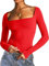 Dwnval Double Lined Square Neck Long Sleeve Shirts for Women - Basic Slim Fit Crop T Shirt, Big Red, S