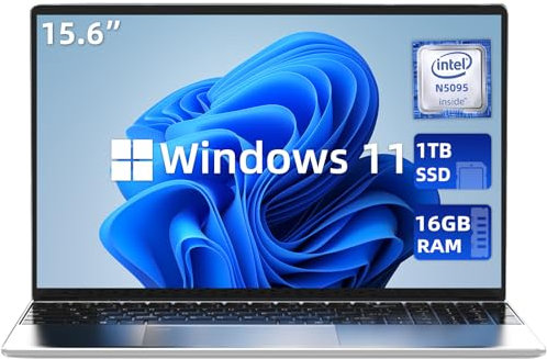 aichiw 15.6 Inch Laptop - Windows 11, 16GB RAM, 1T SSD, Celeron Quad-Core up to 2.9GHz, PC Notebook with Dual Band WiFi, Fingerprint Reader, Backlit Keyboard - Silver