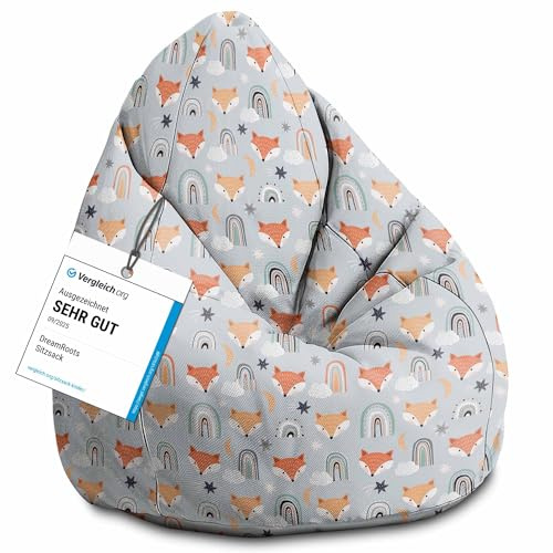 DreamRoots Sitzsack Kinder 80x80x120, Foxes Pastel | Bean Bag Kinder mit Lehne, Hocker & Bezug, Sitzkissen Boden, Bubibag, mit Füllung, Kinderzimmer