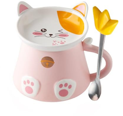 HOKMOKQOK Cat Coffee Mug,Ceramic Cute Kitty Tea Cup with Lid and Spoon,Kawaii Stuff Funny Cool Mugs for hot Chocolate,Gifts for Women,Her,Teacher,Christmas,Birthday