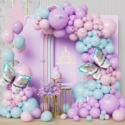 103 Stück Pastell Ballons Girlanden Set Pastell Lila Pastell Rosa Hellblau Luftballons Bogen Set mit Schmetterlings Folien Ballons für Mädchen Geburtstage Jahrestage Hochzeit Dekorationen