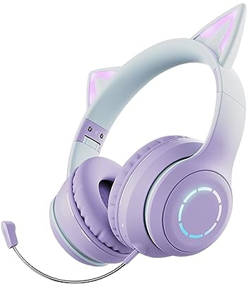 Casque d'oreille de chat lumineux Casque de jeu pliable sur l'oreille avec lumières colorées Casque wirel BT5.3 avec microphone détachable Casque de musique filaire de 3,5 mm Bandeau