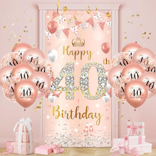 Rose Gold 40th Birthday Decorations - Door Banner with 18pcs Balloons for Women's 40th Anniversary Party Backdrop Decor Supplies Sign Porch Background