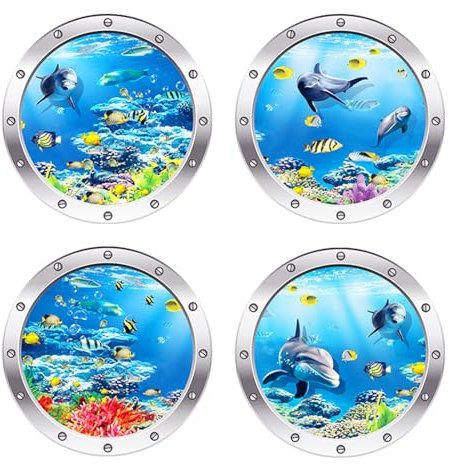 Zimoer Adesivi da Parete 3D Mondo Sottomarino, 4 Pezzi Adesivi Murali 3D Mare Decorazione Bagno Camera da Letto Oblò Adesivi Finestra, Decalcomanie da Muro a Tema Oceano per Camera dei Bambini (B)