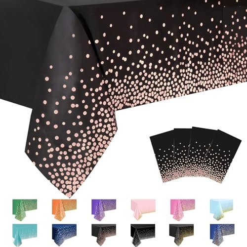 MORAINJAY 4 pz Nero Tovaglia a Pois in Oro Rosa,Antimacchia Impermeabile Feste Tovaglia in Plastica,137x274cm Rettangolare Tovaglia per Natalizia Party,Interni Esterni Giardino Ristorante Decor