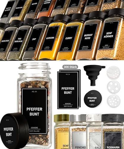 Greeano Gewürzgläser Set [24 x 120ml] mit 300 Gewürzetiketten [DE] - Gewürze Aufbewahrung mit Streueinsatz - Gewürzdosen Glas - Gewürzbehälter Glas - Gewürz Organizer - Spice Jars Obsidian