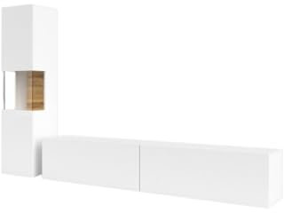 Meublorama Ensemble vitrine et Meuble TV Collection EVA. Couleur Blanc et chêne.