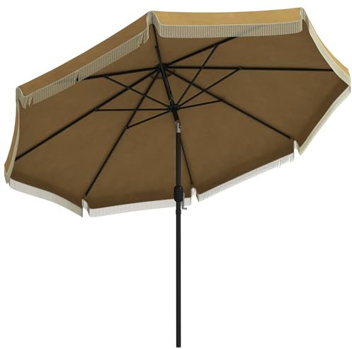Outsunny Parasol de terrasse, diamètre : 265 cm, avec franges, parasol de plage inclinable, avec 8 baleines, pour jardin, balcon, kaki, kaki, 265L x 265B x 238H cm