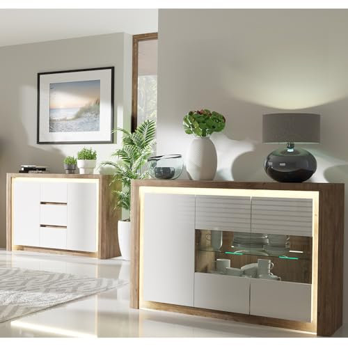 Lomadox Wohnwand Set 2-teilig Wohnzimmerschrank Vitrinenschrank Kommode Sideboard Wohnzimmermöbel Schrank modern in Eiche mit weiß