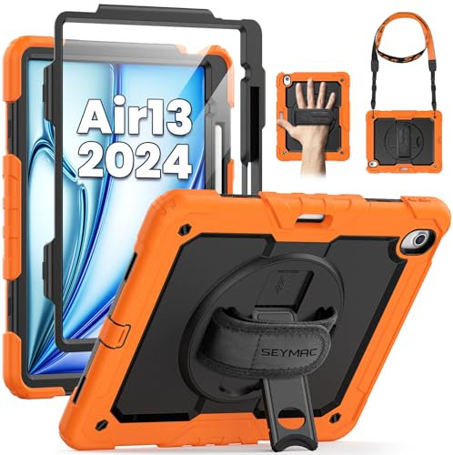 SEYMAC Hülle für iPad Air 13 Zoll 2024 M2, Stoßfeste Hülle mit Displayschutz, 360 Grad drehbarer Ständer/Handschlaufe, Stifthalter, mit Schultergurt, Orange