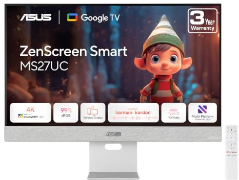 ASUS ZenScreen 68,6 cm (27 Zoll) 4K USB-C Smart Monitor (MS27UC) - UHD (3840 x 2160) IPS, 99% sRGB, Google TV, Harman Kardon Lautsprecher, USB-C 90W PD, USB-Hub, kabelloses Display, Netflix und