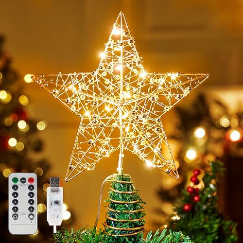JOIEDOMI 12-Zoll-Weihnachtsstern-Baumspitze aus Metallperlen, 20 LEDs mit warmweißen Lichtern, goldene Baumspitze, USB-betriebene Fernbedienung für Weihnachtsbaumschmuck