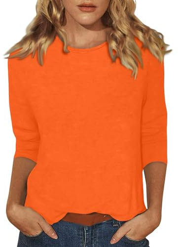 3/4 Sleeve T Shirts for Women UK Womens Lightweight Solid Color Tops 3/4 Sleeve Casual Gym Fashion Daily T-Shirts Ladies Summer Round Neck Blouses 03-Orange 3XL