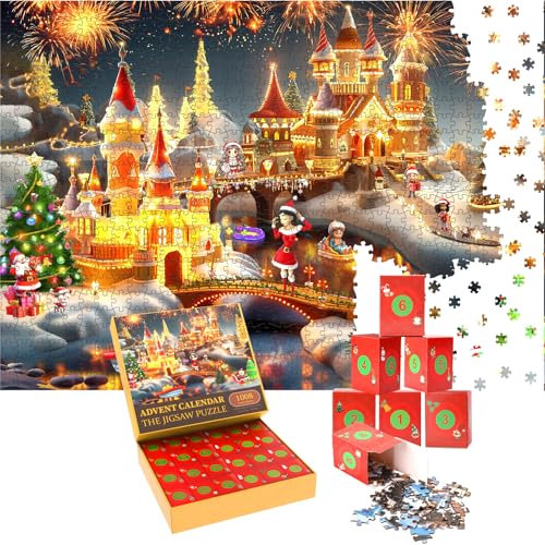 Adventskalender, Weihnachtspuzzle für 2024 mit 1008 Teilen und 24 nummerierten Schachteln Abenteuerspiel für Erwachsene, Advents-Countdown-Kalender(Weihnachts-Freizeitpark)