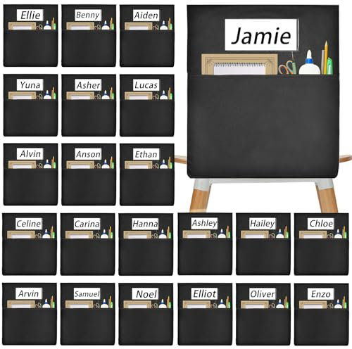 24 PCS Chair Pockets for Classroom 20x17, Seat Sacks for Classroom Chairs k-2, Student Chair Pockets with Name Tag Classroom Chair Organizer for Classroom Kindergarten School Home Seat Storage Black