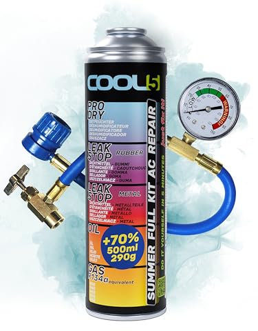 COOL5 5in1 - Kit di riparazione A/C, sostituzione del refrigerante R134a con olio, per ricarica aria condizionata auto 1995-2016 + linea di pressione con manometro + APC 500ml