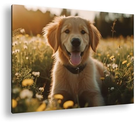deyoli Goldener Retriever im Sonnenuntergang auf einer Blumenwiese Format: 100x70cm XXL Kunstdruck Motiv auf Holzrahmen/Leinwandbild/Wandbild/Wohnzimmer Dekoration