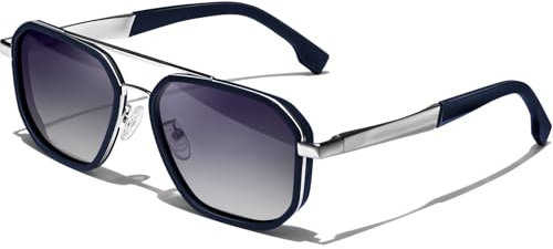KANASTAL Sonnenbrille Herren Polarisiert Retro Klassische Quadratisch Sonnenbrillen mit Premium Metallrahmen UV400 Schutz, Matt Blau Silber Rahmen Schwarz Gläser