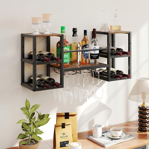 COSTWAY Portabottiglie da Parete con Porta Bicchieri, Struttura in Metallo per 8 Bottiglie con Ripiano Aperto, Scaffale da Muro a 3 Livelli per Sala da Pranzo e Cucina, 89 x 25 x 40 cm