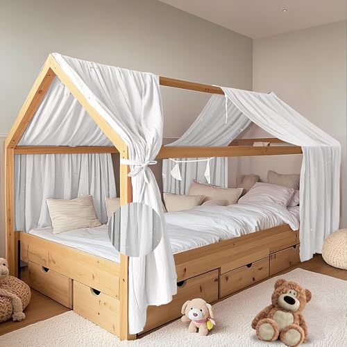 FloraVigo Hausbett Himmel mit Gold Applikation 2 Stück, handgefertigt aus 100% Baumwoll-Musselin, Stoffhimmel zur Hausbettdekoration, für Mädchen und Jungen (Weiß, 2er Set 65 x 270 cm)