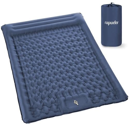 ROPODA Double Inflatable Camping Mattress, Ultralight 2 Person Sleeping Pad with Pillow, Built-in Foot Pump, Waterproof Camping Bed Double with Carry Bag for Hiking, Backpacking, Traveling(Blue)