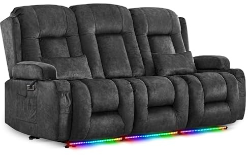 LIFTSHA Dreisitzer Relaxsessel mit Liegefunktion, Fernsehsessel Elektrisch Verstellbar mit Heizung & Vibrierende Massage, TV Sessel Heimkino Sitze mit Umklappbare Mittelrückenlehne, Samt, Grau