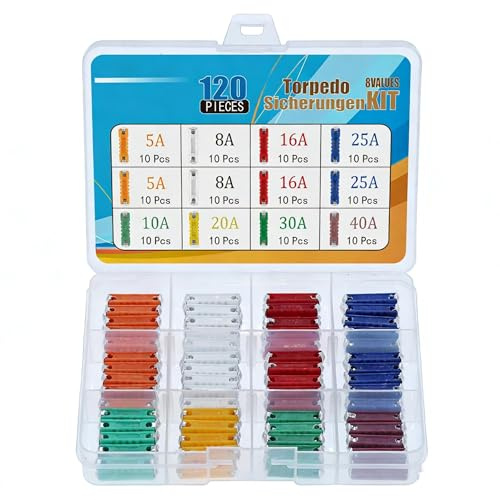 Lot de 120 Fusibles Voiture Torpilles 5A 8A 10A 16A 20A 25A 30A 40A, Fusibles Céramique avec Embouts Métalliques dans Boîte de Rangement, Compatibles avec Voitures Anciennes Européennes et Motos