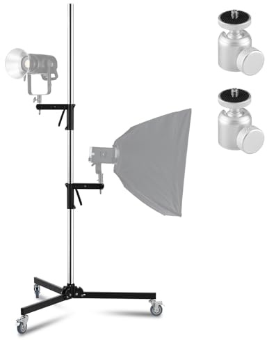 HengMing Support d'éclairage robuste en acier inoxydable avec roulettes, trépied de photographie réglable de 255 cm avec 2 poignées pistolet et pieds pliants, pour studio Monolight Softbox Speedlight